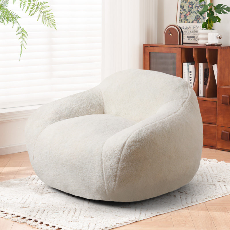 High Quality Teddy Fabric Large Arn Bean Bag Chair, Ivory Teddy