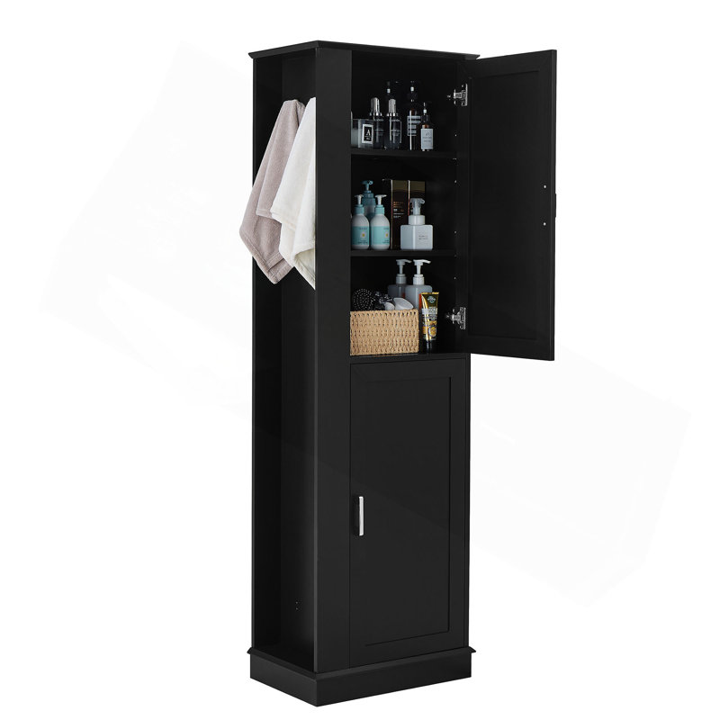 Grande armoire de rangement pour salle de bain, armoire de rangement autoportante avec crochet et tablette réglable, panneau de fibres à densité moyenne