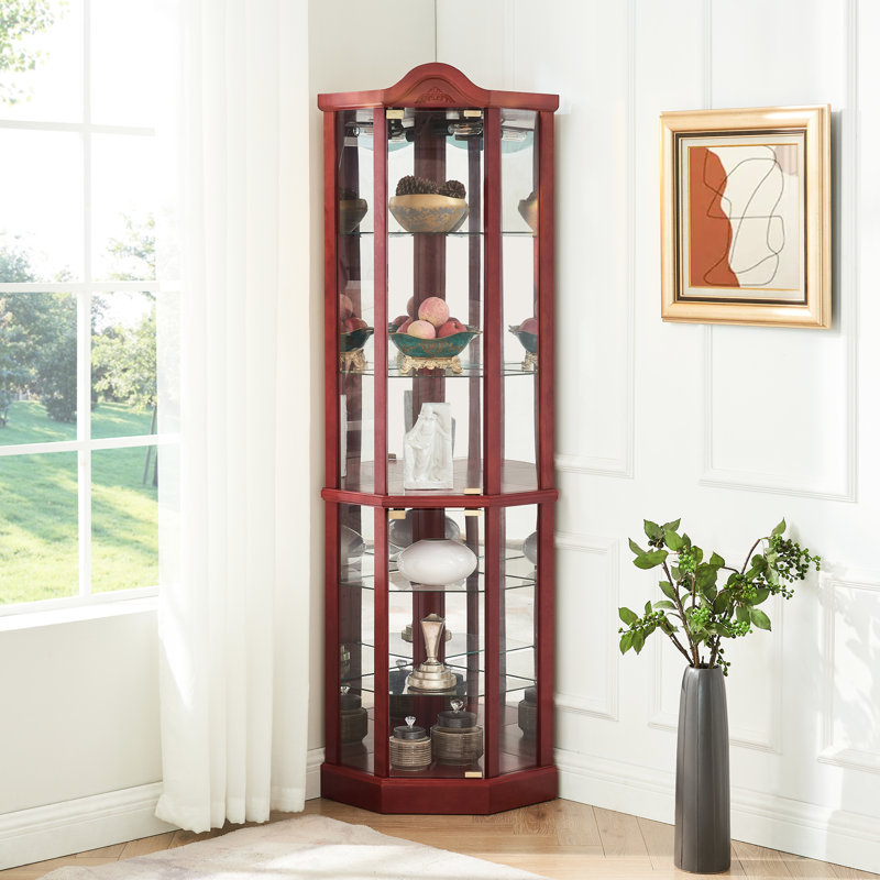 Vitrine en verre avec finition cerisier, tablettes réglables, élégantes tablettes de rangement sculptées, coin lumineux en couleur