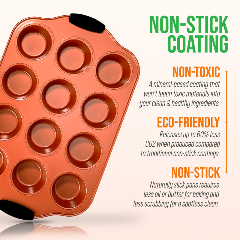 NutriChef 12 Cup Nonstick Copper Muffin Pan with Silicone Handles