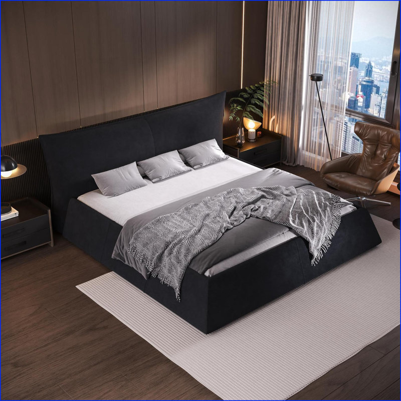 Très grand lit plateforme tapissier avec tête de lit en velours Cadre en bois massif, aucun sommier nécessaire, noir pour la chambre principale