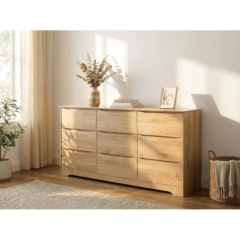 Commode haute 9 tiroirs en bois, commode de rangement moderne avec plateau large, naturel, Ivoire ivoire