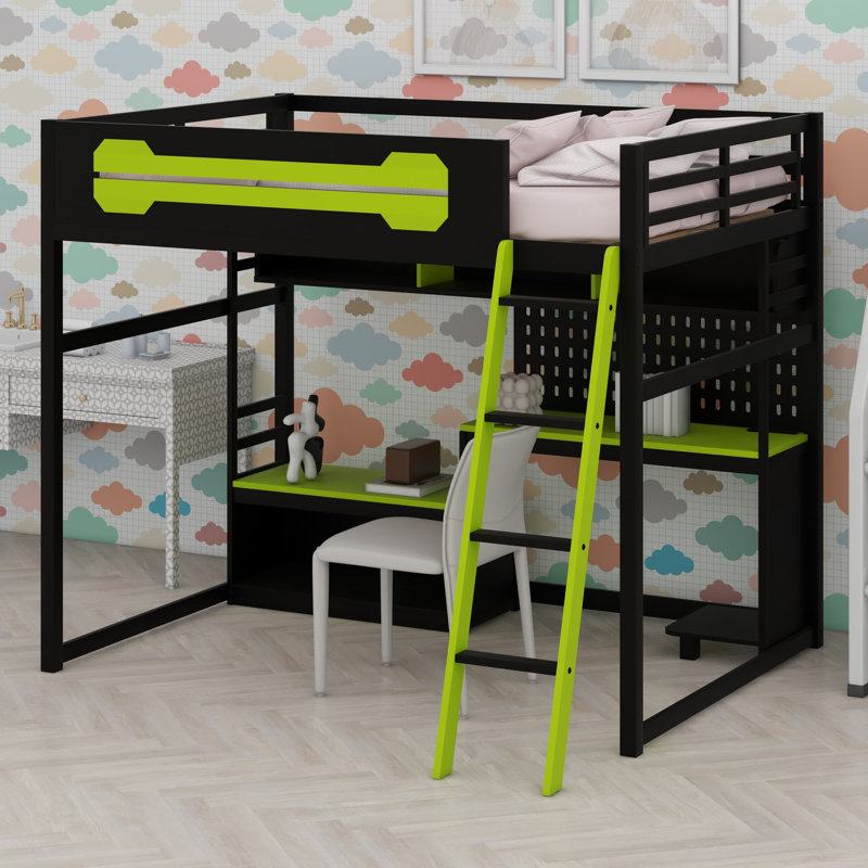 Lit mezzanine en bois avec bureau, Noir/vert