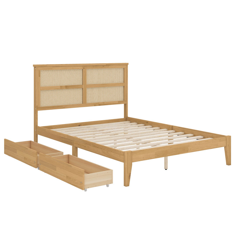 Structure de lit en bois d'hévéa avec deux tiroirs de rangement intégrés, Double, Chêne blanc