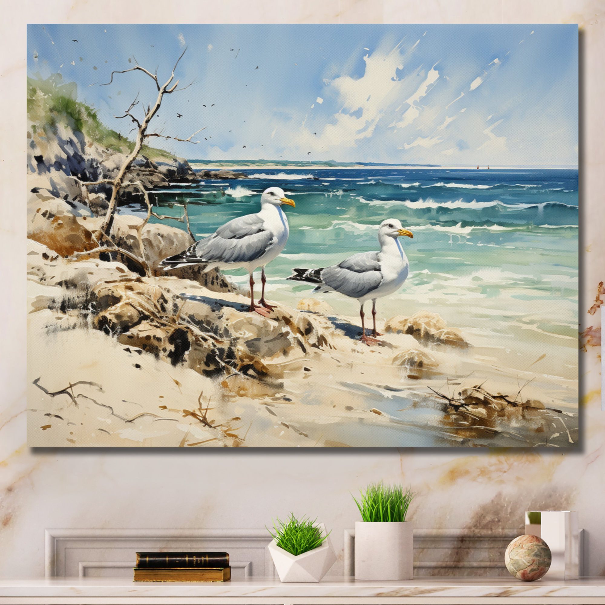 Dovecove Beach Seagulls In Flight I Framed On Canvas Print | Wayfair