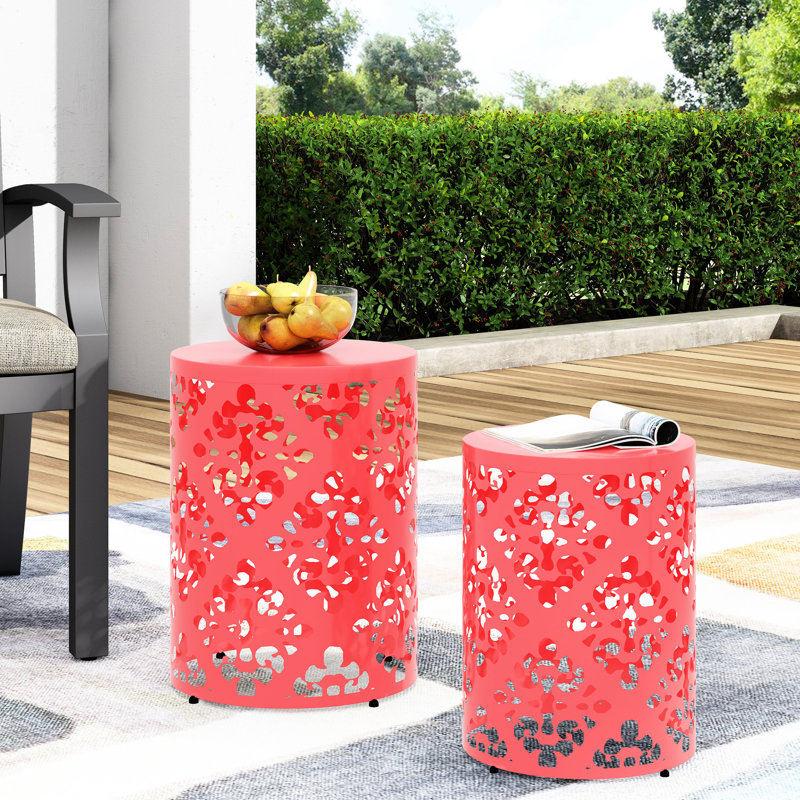 Metal S/2 End Table Pair, Modern Iron Cut Appeal, Coral Hue, Powder-Coated Frame, No Assembly, 13.75W X 13.75D 18.00H & 11.75W 11.75D 15.75H Charming Tables, Design For Color,