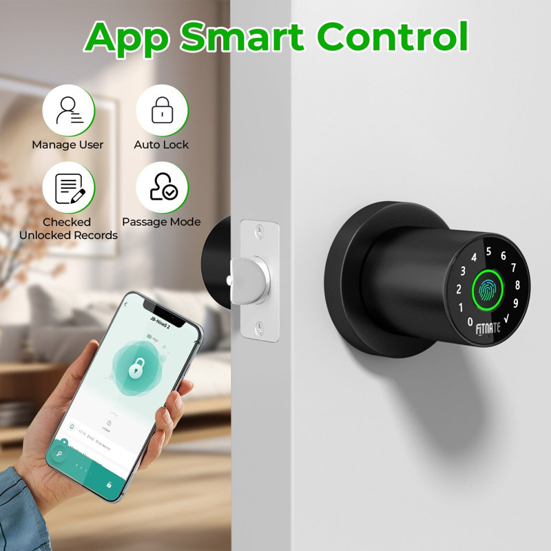 Matte Black Smart Fingerprint Door Knob with Keypad and App Control