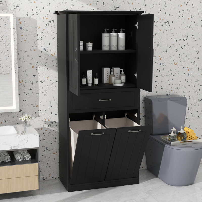 Armoire de rangement pour la maison avec deux paniers à linge, portes et tiroir, Noir