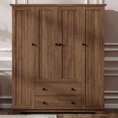 Armoire penderie 4 portes avec 2 tiroirs - Armoire de rangement spacieuse pour vêtements, brun