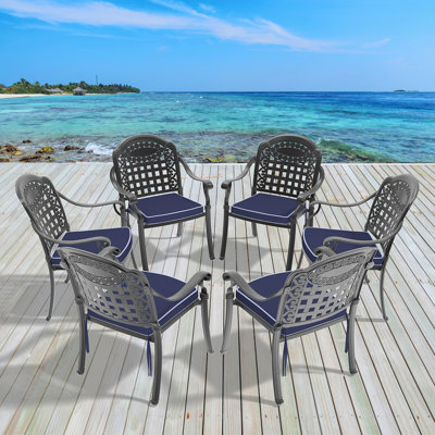Chaise de patio en fonte d'aluminium 6 pièces avec cadre noir et coussins bleus (même SKU: W1710P166057)