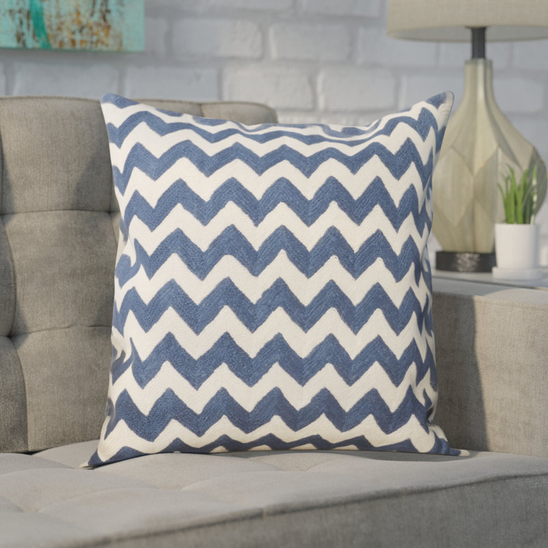 Navy Blue and White Embroidered Cotton Canvas Square Pillow Set