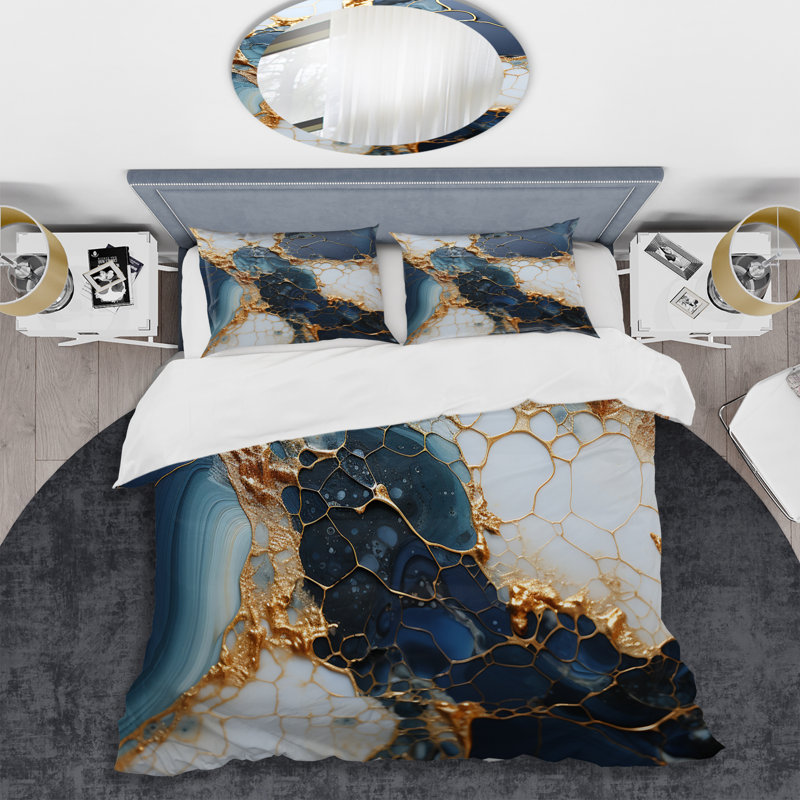 Ensemble de housse de couette Gold And Blue Marble Ink Art I - Abstract, Housse de couette pour très grand lit et 2 très 
