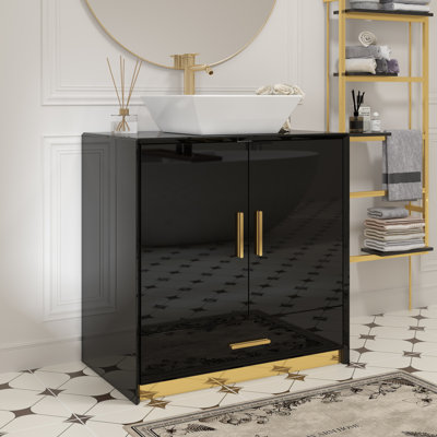 Meuble-lavabo noir ultrabrillant avec lavabo en céramique