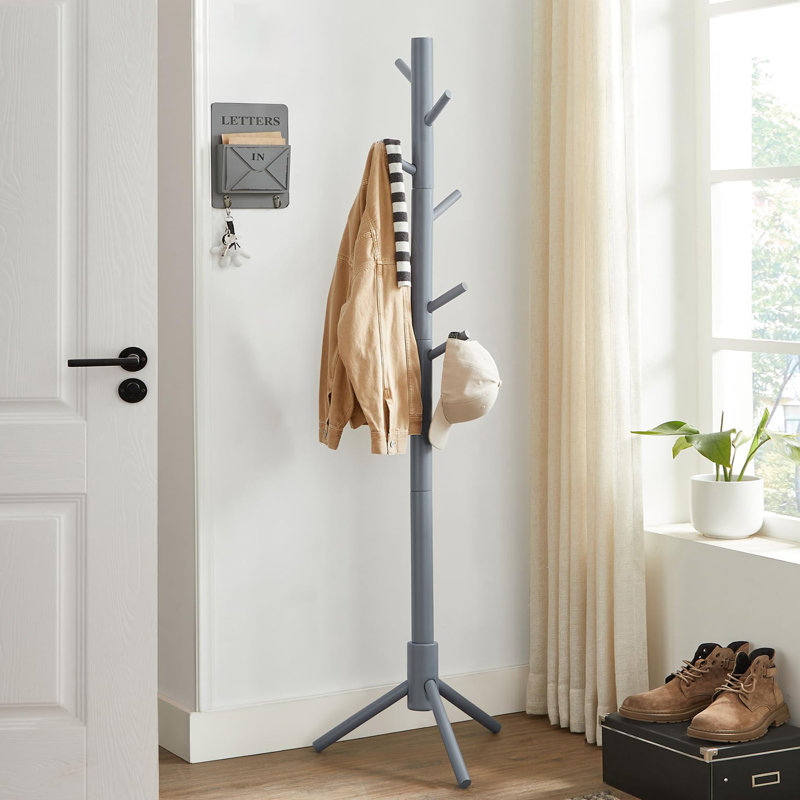 Portemanteau autoportant en bois massif en forme d'arbre, Gris