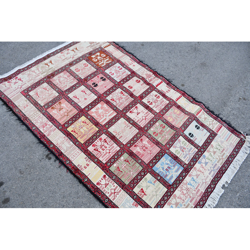 Tapis kilim turc authentique fait à la main avec motif tribal pour décoration orientale bleue / rose