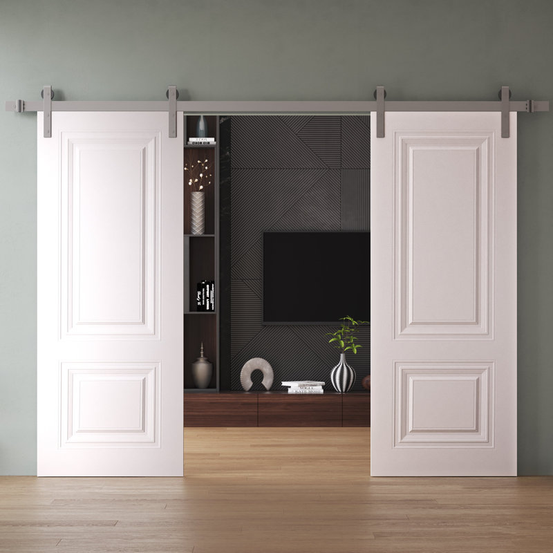 Double porte de grange | Essentiel - 1772 - blanc | Ensemble de rail argenté | Portes intérieures solides, 56 po x 84 po