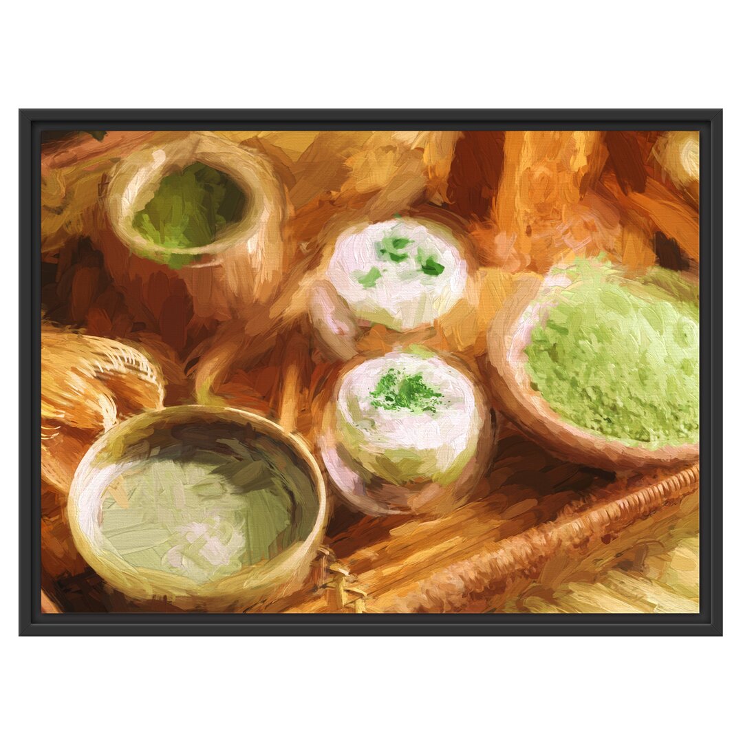 Gerahmter Fotodruck Wunderschön dekorierter Matcha Tee