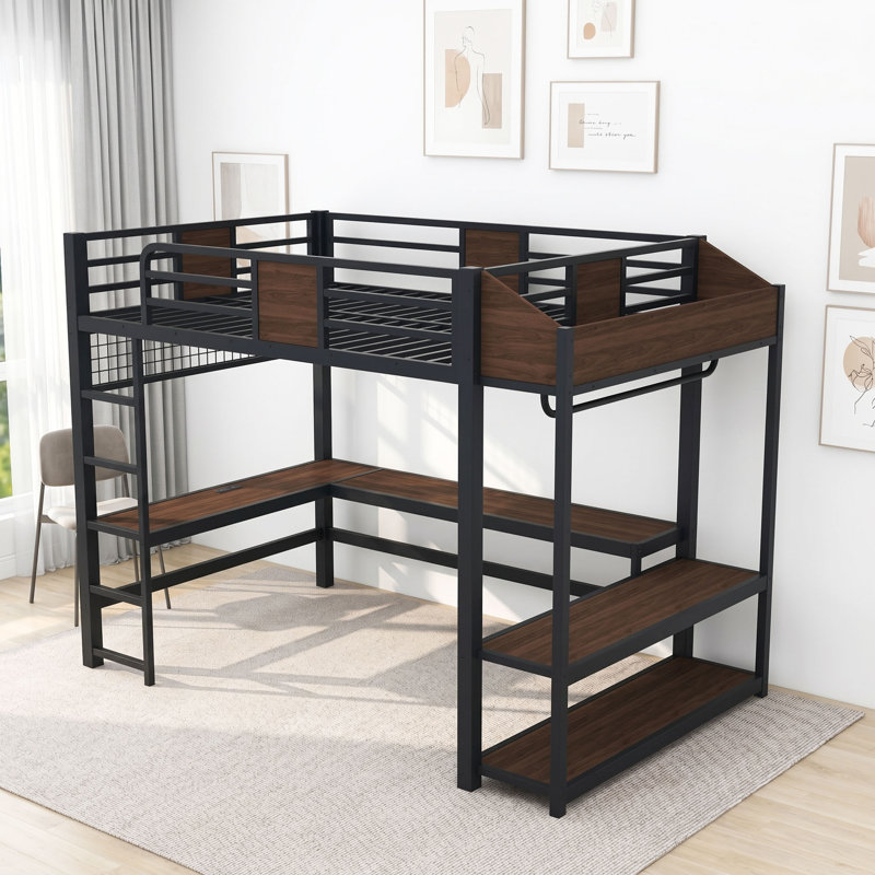 Lit mezzanine avec bureau intégré, lumières DEL et tablettes de rangement, Full