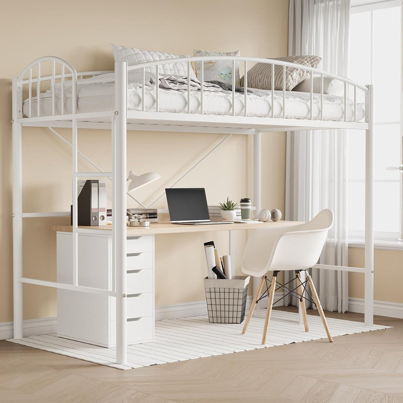 Loft Bed Twin Size with Ladde and Arched Guardrail, Heavy Duty Metal Loft Bed Frame for Kids and Adults, Sturdy Steel Slats Support, Small Space Saving Design, No Box Spring Needed