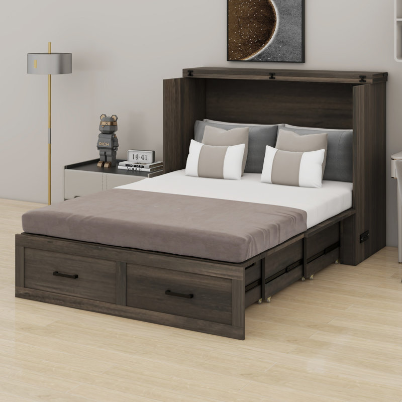 Lit escamotable avec lit plateforme escamotable et grand tiroir de rangement Murphy, Gris rustique
