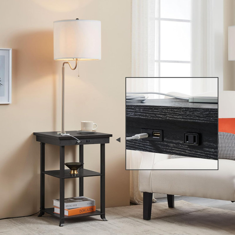 Table de bout moderne avec lampe intégrée et station de charge - Table d'appoint avec ports USB-C et USB, lumière DEL, interrupteur à chaîne et tablette de rangement