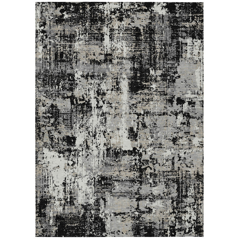 Black and Gray Abstract Synthetic 3' x 5' Area Rug