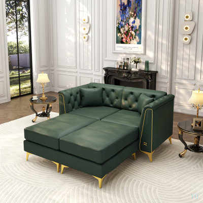 61.8" Luxury 2-Seater Modular Chesterfield Sofa, Faux Leather Couch with Handmade Button Tufted, Metal Trim Armrests & Thin Metal Legs, Includes 2 Pillows for Living Room, Apartment