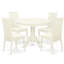L'ensemble 5 pièces de table et chaises de cuisine comprend une table de salle à manger ronde avec piédestal et 4 chaises rembourrées en tissu de lin, blanc lin-760914546-760914549