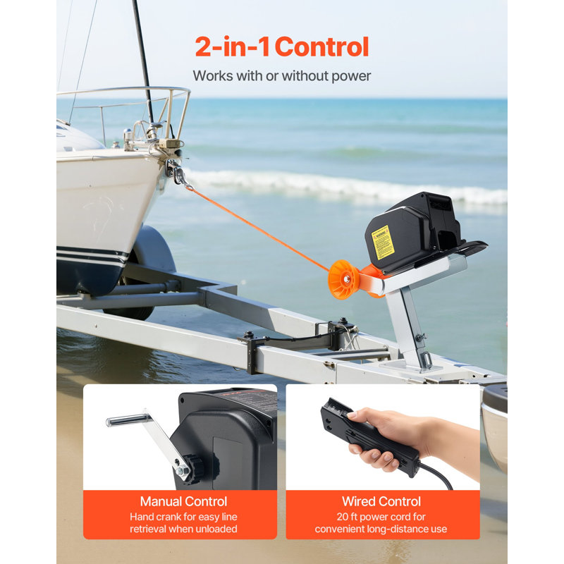 Electric Boat Winch, 12V DC 300W, Reversible Electric Trailer Winch for Boats Up to 2000 lbs, Power-in, Power-Out, and Freewheel Operations for Boats with Wired Remote Control and Hand Crank
