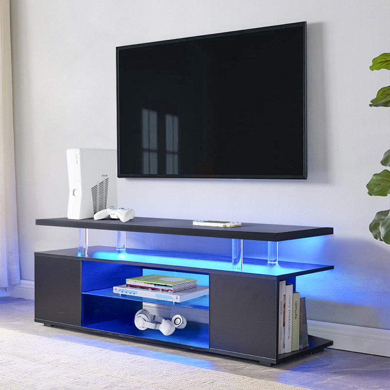 Meuble télé pour meuble télé 70 pouces avec console de jeu multimédia à DEL avec grande armoire latérale pour le salon, Noir