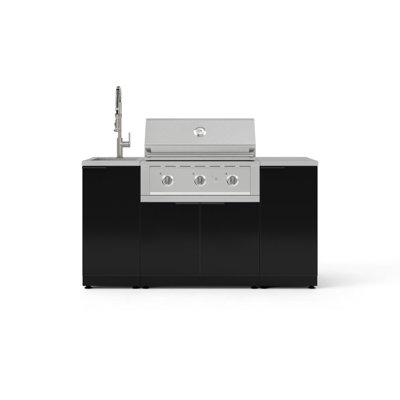 Ensemble d'armoires pour l'extérieur en aluminium noir 5 pièces avec évier, 1 porte, armoire de barbecue, barbecue au gaz naturel 33 po, comptoir en acier inoxydable 16 po et robinet en nickel brossé