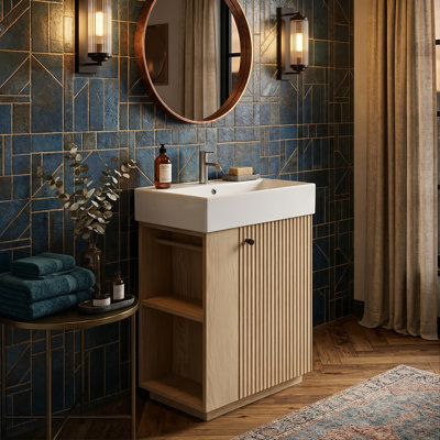 21.6-Inch Small Space Bathroom Vanity With Sink, Modern Wood Grain Cabinet With Storage Shelves, 4 Variants In Natural/Dark Gray