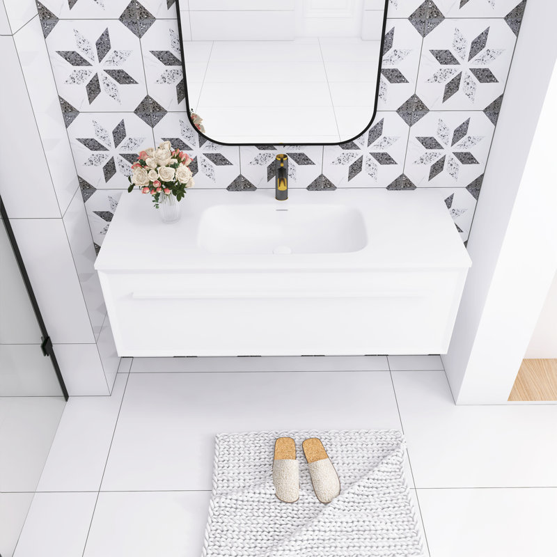 48 in. White Plywood Wall-Mounted Single Sink Vanity with Solid Surface Top