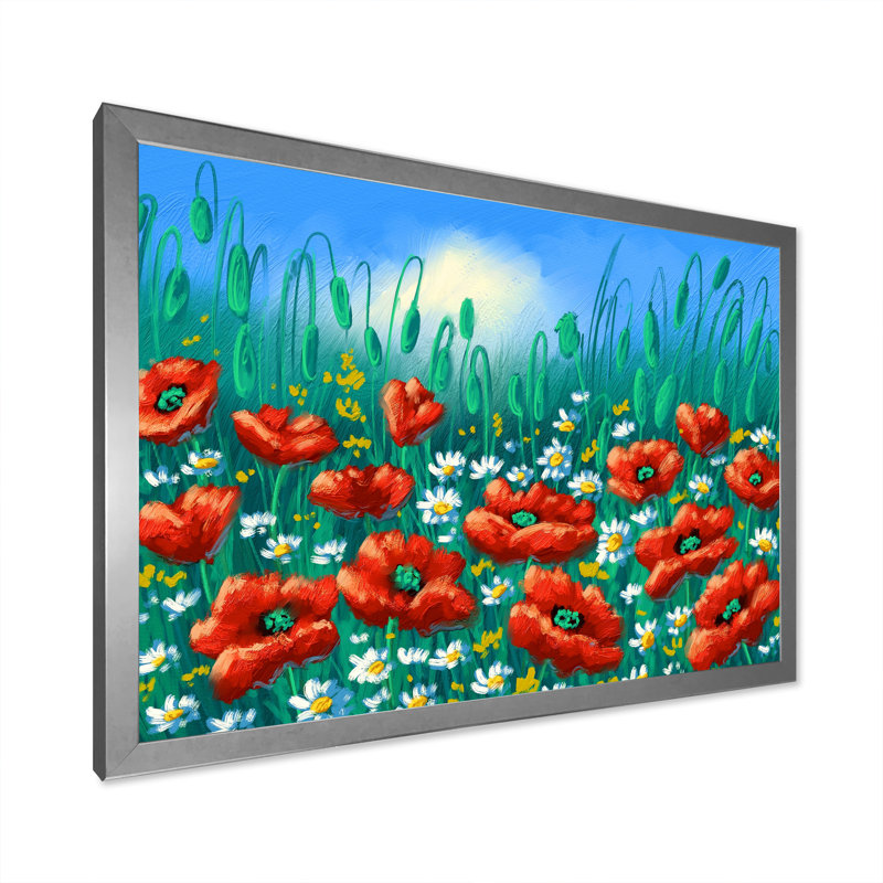 " Landscape Poppy Flowers " Painting, 24" H x 36" W x 1" D, Silver Closed Corner Frame