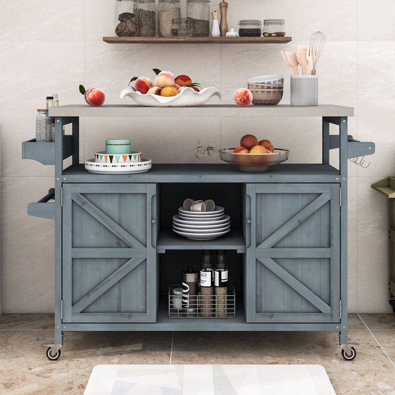 Cheyene Rolling Kitchen Island with Stainless Steel Top and Lockable Wheels, Gray Blue