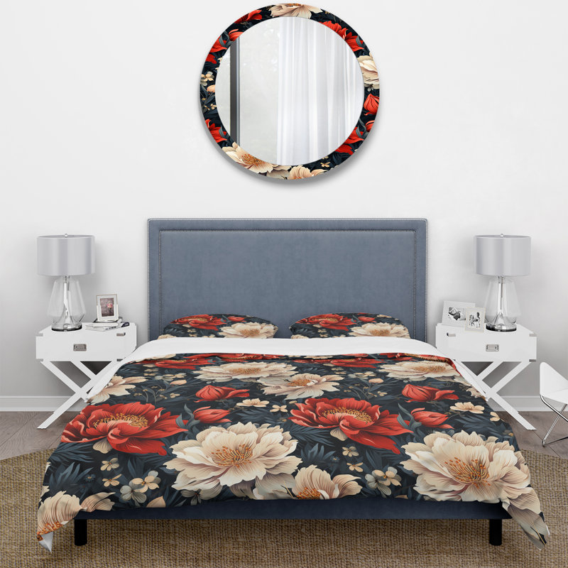 Ensemble de housse de couette floral Enchanting Red Peony Garden Flourish, Housse de couette pour grand lit et 2 taies décor
