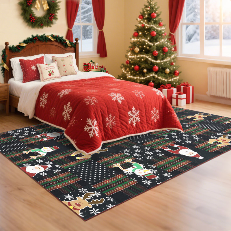 Christmas Living Room Area Rug, Cute Soft Santa Deer Snow Rugs for Nursery Bedroom Large Non Slip Foldable Lightweight Winter Holiday Carpet for Dining Room Playroom