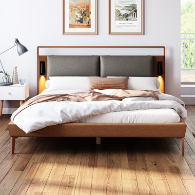 Full Size Brown & Gray Faux Leather Bed With 2Pcs Night Lights, High - Resilient Sponge Filled Headboard, Adjustable Led Slats For Even Weight Distribution, No Box Spring Required Support,