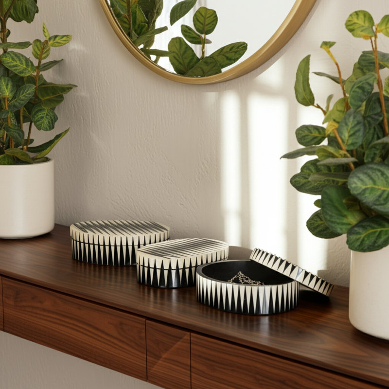 Decorative Bone Inlay Storage Boxes with Lids - Handmade Oval Trinket Boxes for Elegant Organization - Set of 3.
