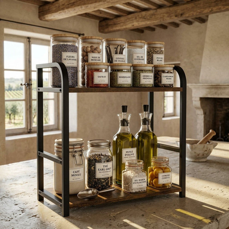 Compact 2-Tier Rustic Kitchen & Coffee Bar Organizer Shelf