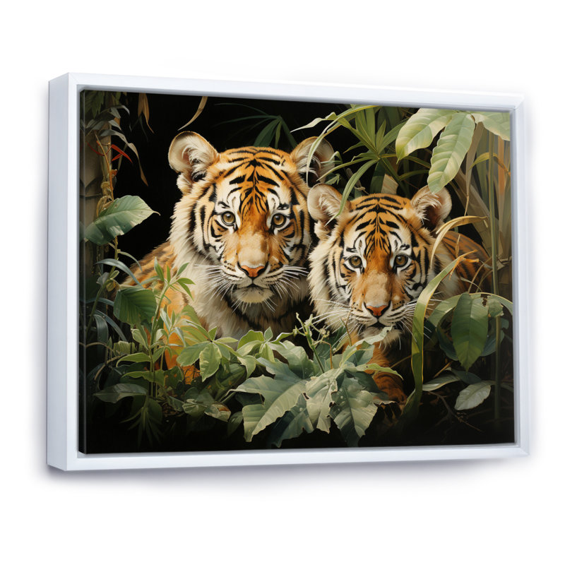 Asian Art Tigers In Jungle III - Art mural asiatique, H 12 po x l 20 po x P 1 po, Cadre flottant blanc
