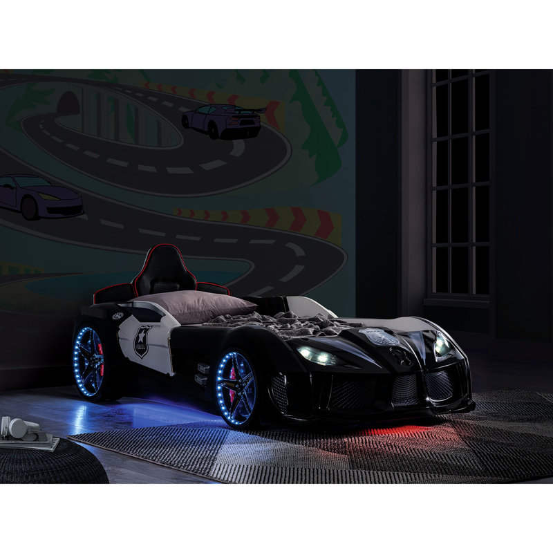 Lit voiture simple de style moderne et moderne, noir / blanc, portes magnétiques qui s'ouvrent, lumières à DEL sur les roues et le bas du lit, tête de lit tapissier de course, télécommande pour les options sonores, phares de nuit