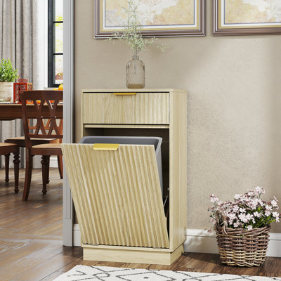 Armoire poubelle inclinable 10 gallons Woodgrain avec tiroir à texture ondulée et bac coulissant