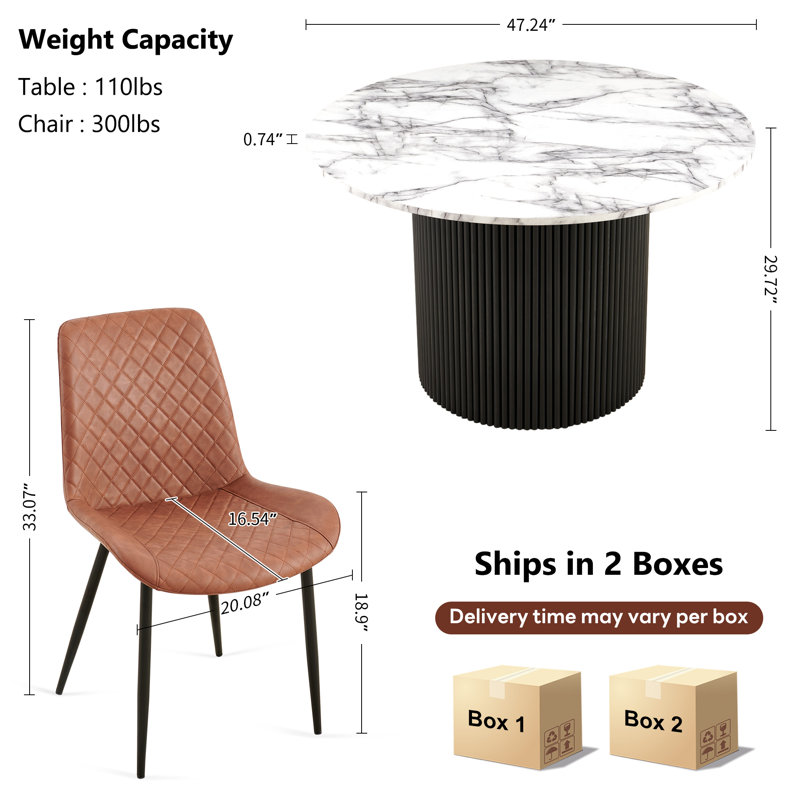 4-Person Dining Set, Brown, White Marble