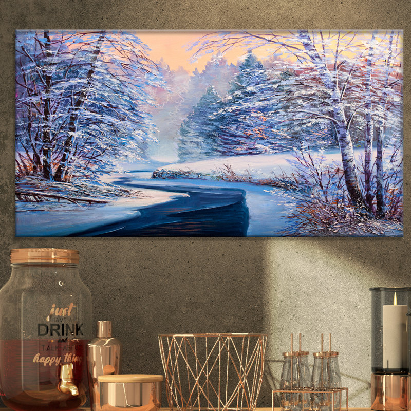«Winter Night with Forest Sunset», reproduction sur toile tendue, H 16 po x l 32 po x P 1 po