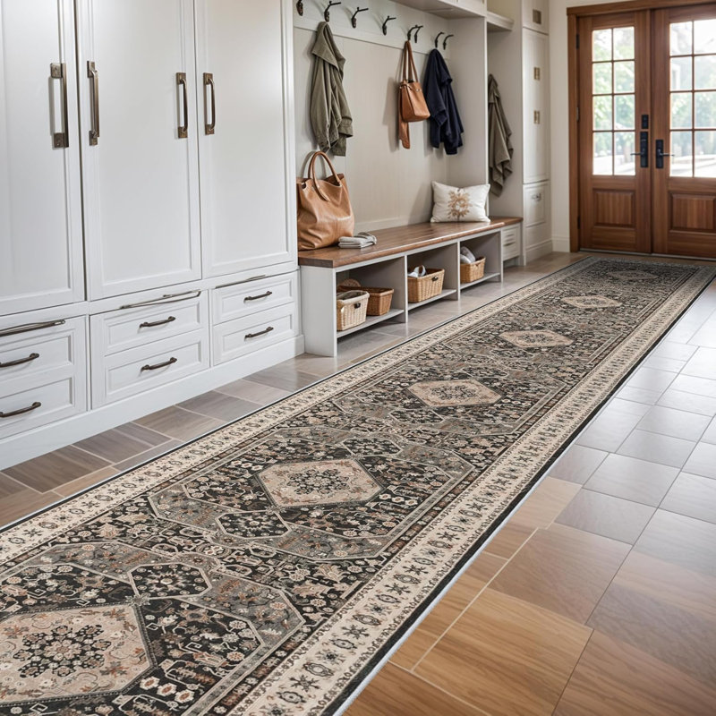 Washable Hallway Runner Rug - Hallway Rugs with Non Slip Backing Vintage Distressed Mats Soft Kitchen Carpets Extra Long Room Floor Carpet for Living Room Dining Room Bedroom (Black)