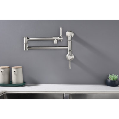 Robinet de remplissage de pot mural - laiton, style moderne, deux pièces, bras pivotant pliable, nickel brossé, installation en laiton lisse, pliage en deux pièces, résistance à la corrosion, paisible