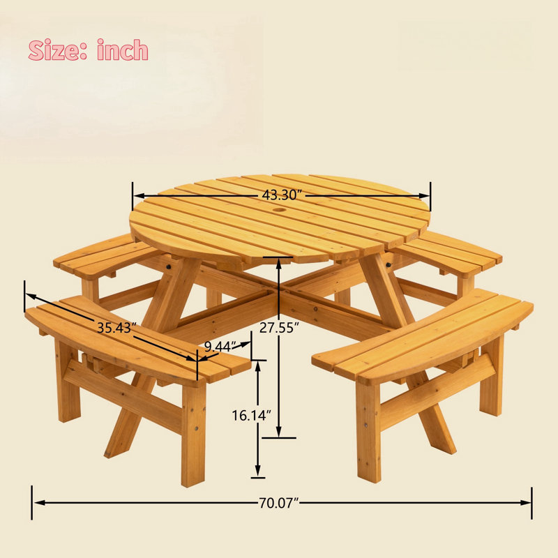 Faaizah Outdoor 8-person Dining Sets With 4 Curved Benches, Round Tabletop And Umbrella Hole, Natural