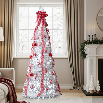 Arbre de Noël artificiel escamotable 7 pi, PVC blanc, 170 lumières DEL blanc chaud, 8 modes, ornements rouges et blancs