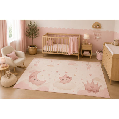 Tapis de chambre de bébé 5 pi x 7 pi avec couronne de lune rose, décor de salle de jeu princesse céleste pour bébé fille, tapis anti-dérapant en silicone à poils courts